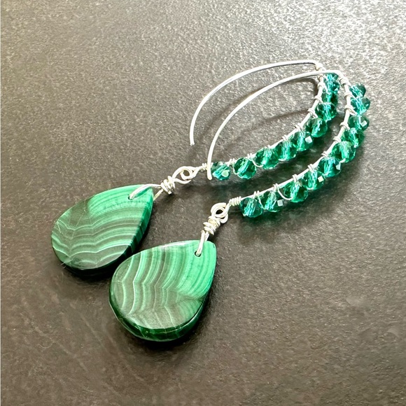 Malachite Earrings, Emerald Crystal, Sterling Silver, Handmade by Prairie Ice - Picture 1 of 10